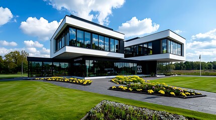 A modern office building with a green lawn and flowers merges nature with cutting-edge design.