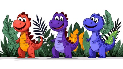 Obraz premium Cute cartoon dinosaur friends explore a lively jungle, filled with wonder and charm.