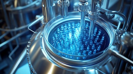 Fototapeta premium a large bioreactor filled with biopharmaceuticals in production. The reactor is illuminated with a soft glow