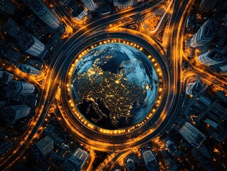 Fototapeta premium Captivating Night Cityscape Poster: A Stunning Overhead View with Glowing Roads and a Highlighted Globe of Europe’s Landmarks - Perfect for Sport and Urban Interior Decor!