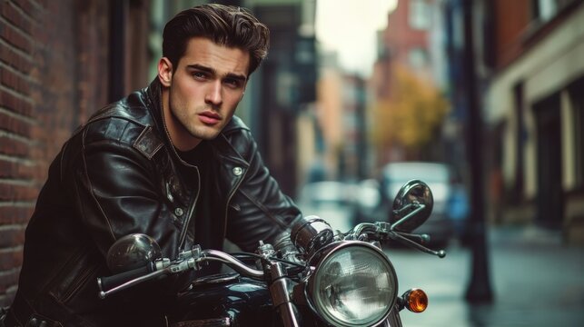 A stylish greaser leans against a classic motorcycle on a city street, exuding a cool vibe and vintage charm amidst brick buildings and urban life
