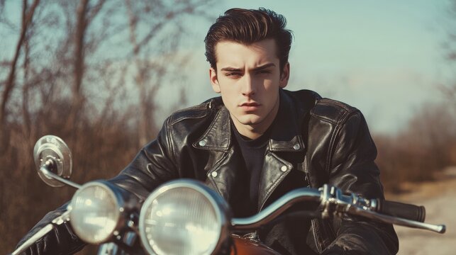 A young man dressed in a classic leather jacket sits on a motorcycle in a quiet, open landscape, exuding the bold spirit of greaser culture from the past