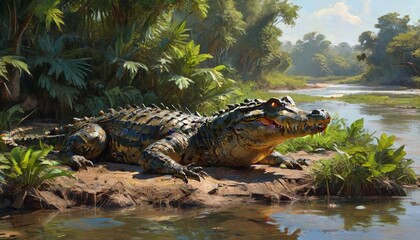 A fierce crocodile basking in the sun by the riverbank, showcasing its powerful presence amidst the lush greenery of its habitat, Generative AI
