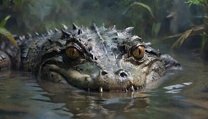 Fototapeta premium A striking view of a crocodile lurking in the murky waters, its eyes peering just above the surface, representing the hidden dangers of the wild, Generative AI