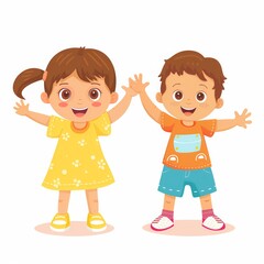 Two children are standing next to each other, one wearing a yellow dress