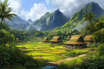 Mountain village nestled in a lush green valley, with quaint cottages and terraced fields dotting the landscape