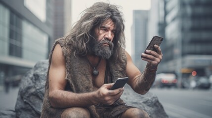 Caveman in modern city using smartphones, urban setting, digital contrast, technology concept