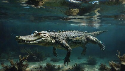 Obraz premium A fascinating underwater shot of a crocodile swimming gracefully through the depths, illustrating its adaptability and elegance in the aquatic realm, Generative AI