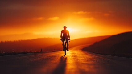Rear back view of a cyclist man silhouetted against the orange twilight sky, riding on an asphalt road at dusk. Highlights summer outdoor sport activity and healthy lifestyle.