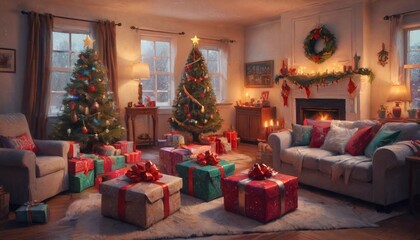 An enchanting scene of a cozy living room adorned with Christmas gifts, each uniquely wrapped and waiting to be unwrapped in joyful anticipation, Generative AI