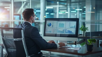 Businessman analyzing data in modern office setting with focused intensity and sleek design