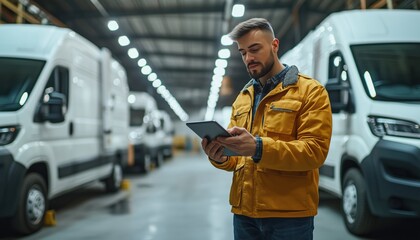 Fleet Management: Manager Using A Digital Tablet Surrounded By Vans In The Background. A Scene Of Managing A Fleet Operation.
