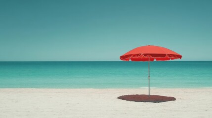 A solitary red umbrella stands on a pristine beach