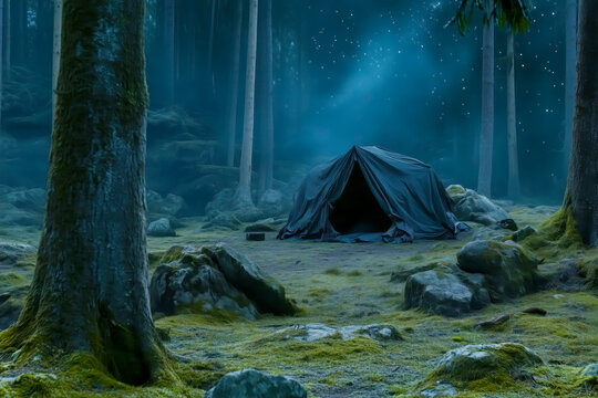 Solo camping under the Milky Way, with a lone tent pitched in a secluded forest clearing