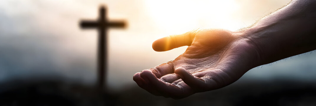 the hand of god helping and giving hope, in a background with the cross of christ