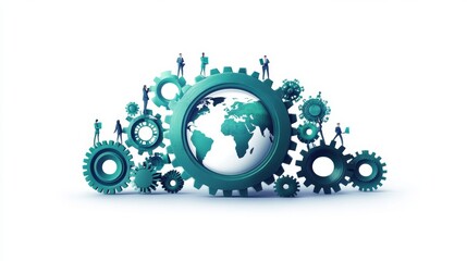 Global business teamwork, miniature people on gears around the world, business collaboration concept