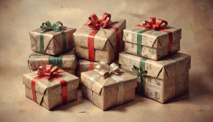 Obraz premium A nostalgic image of vintage Christmas gifts wrapped in classic paper, evoking memories of simpler times and cherished traditions, Generative AI