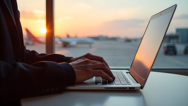 Close-up hand of a business man using a laptop while flying on an airplane near the window.