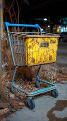 A weathered shopping cart sits abandoned on a city sidewalk