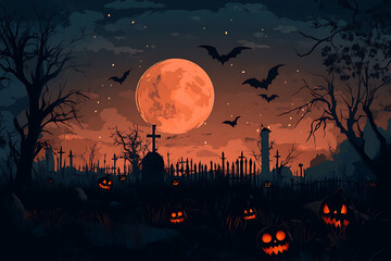 A spooky Halloween scene featuring a full moon, bats, pumpkins, and a graveyard.