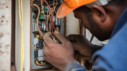 Close-up of an electrician's hands, fixing wiring inside a circuit breaker box with precision tools, focusing on safety and functionality.