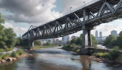 A powerful image of a brushed steel bridge spanning a river, illustrating the harmony between engineering and nature in a striking urban landscape, Generative AI