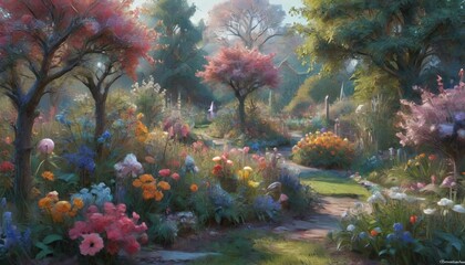 An ethereal depiction of a garden in full bloom, representing the resurrection of life after winter's grasp, bursting with colors and fragrances, Generative AI