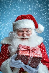 Santa claus with christmas presents in his hands before a frozen blue colored background with snow fall, big editable space over his head
