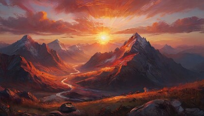 Obraz premium A vivid portrayal of a sunrise over a mountain range, symbolizing the resurrection of a new day filled with possibilities and promise, Generative AI
