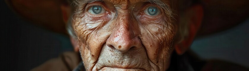 Fototapeta premium Elderly man with deep wrinkles and striking blue eyes.