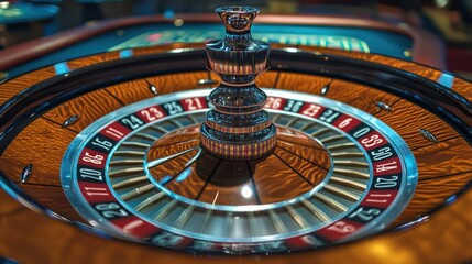 Obraz premium A close-up view of a roulette wheel in a casino setting.