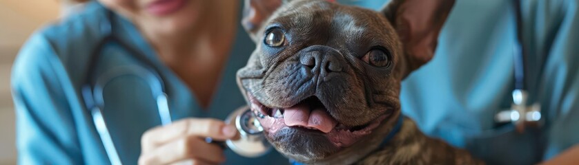 Happy dog at the veterinarian, white isolate background