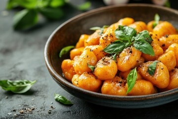 autumn-themed banner featuring rustic bowl of homemade pumpkin gnocchi, perfect for fall, with room for text