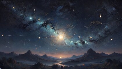 Naklejka premium A mystical illustration of stars aligning in the night sky, symbolizing the resurrection of dreams and the promise of new beginnings, Generative AI