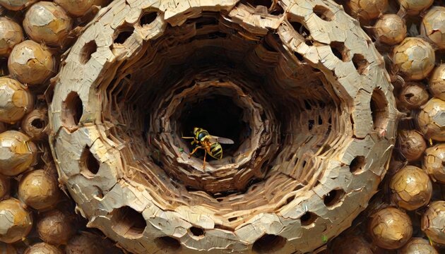 An abstract representation of a wasp's nest, highlighting the geometric patterns and textures that reflect the complexity of this industrious insect, Generative AI