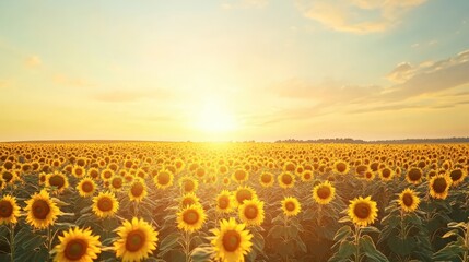 Obraz premium Golden sunflowers stretch toward the sky, illuminated by the warm glow of the setting sun, creating a peaceful atmosphere in the countryside