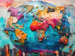 Vibrant Eclectic Globe Art: A Layered, Colorful Representation of Continents Perfect for Sporty Interior Posters and Dynamic Wall Decor