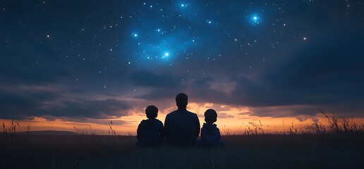Obraz premium Silhouettes of three people, a father and two children, sitting in a field looking up at a beautiful night sky full of stars.