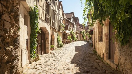 Obraz premium Bustling Market Day on a Quaint Cobblestone Street with Charming Shops and Cafes