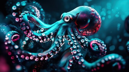 A vibrant octopus with colorful tentacles in an underwater scene.