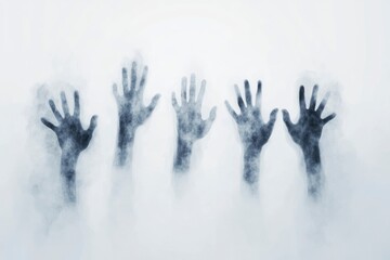 Abstract ghostly figures reaching out, hands and arms in the air, against a simple white background.