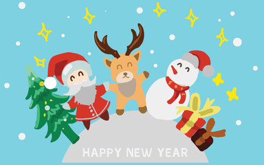 Illustration of Christmas festival and New Year's celebration with Santa Claus, deer, New Year's gifts.