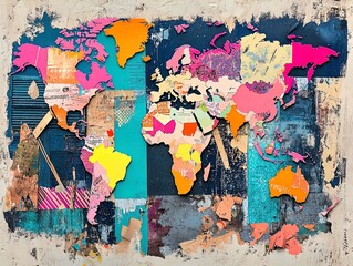 Fototapeta premium Vibrant Artistic World Map Poster: Bold and Colorful Illustrations in Orange, Pink, and Teal for Energetic Sports Interiors and Modern Decor