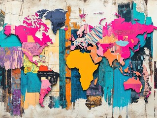 Fototapeta premium Vibrant Artistic World Map Poster: Bold and Colorful Illustrations in Orange, Pink, and Teal for Energetic Sports Interiors and Modern Decor
