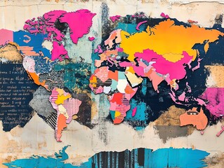 Vibrant Artistic World Map Poster: Bold and Colorful Illustrations in Orange, Pink, and Teal for Energetic Sports Interiors and Modern Decor