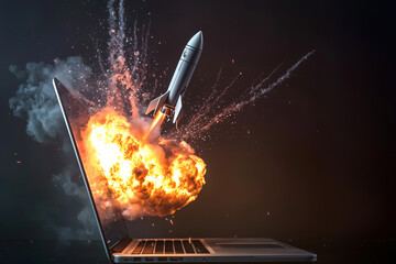  A laptop with a rocket emerging from the screen, an explosion behind it, the rocket soaring into space.