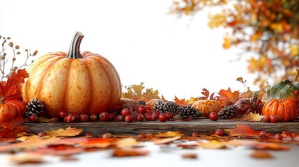 Autumn harvest still life with pumpkins leaves and berries