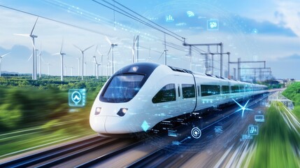 Naklejka premium A high speed train moving through the countryside, with wind turbines in the background, surrounded by digital data streams and green energy icons