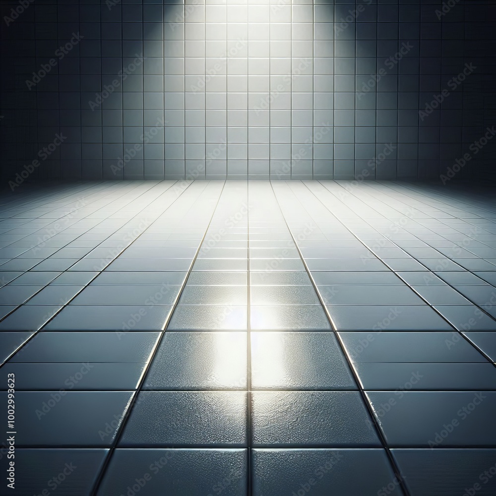 Poster a minimalist empty room with a tiled floor and a focused spotlight illuminating the space. the clean