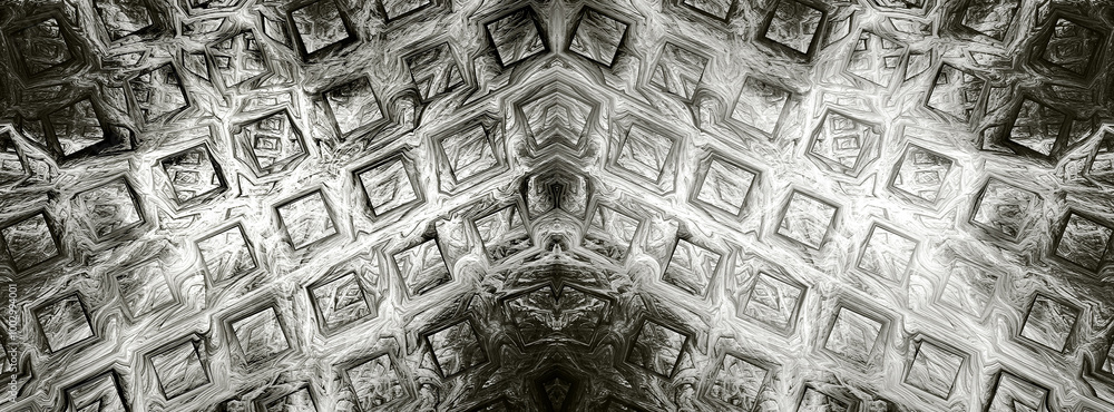 Poster monochrome symmetrical checkered abstract background with metallic glitter. parallel rows of squares
